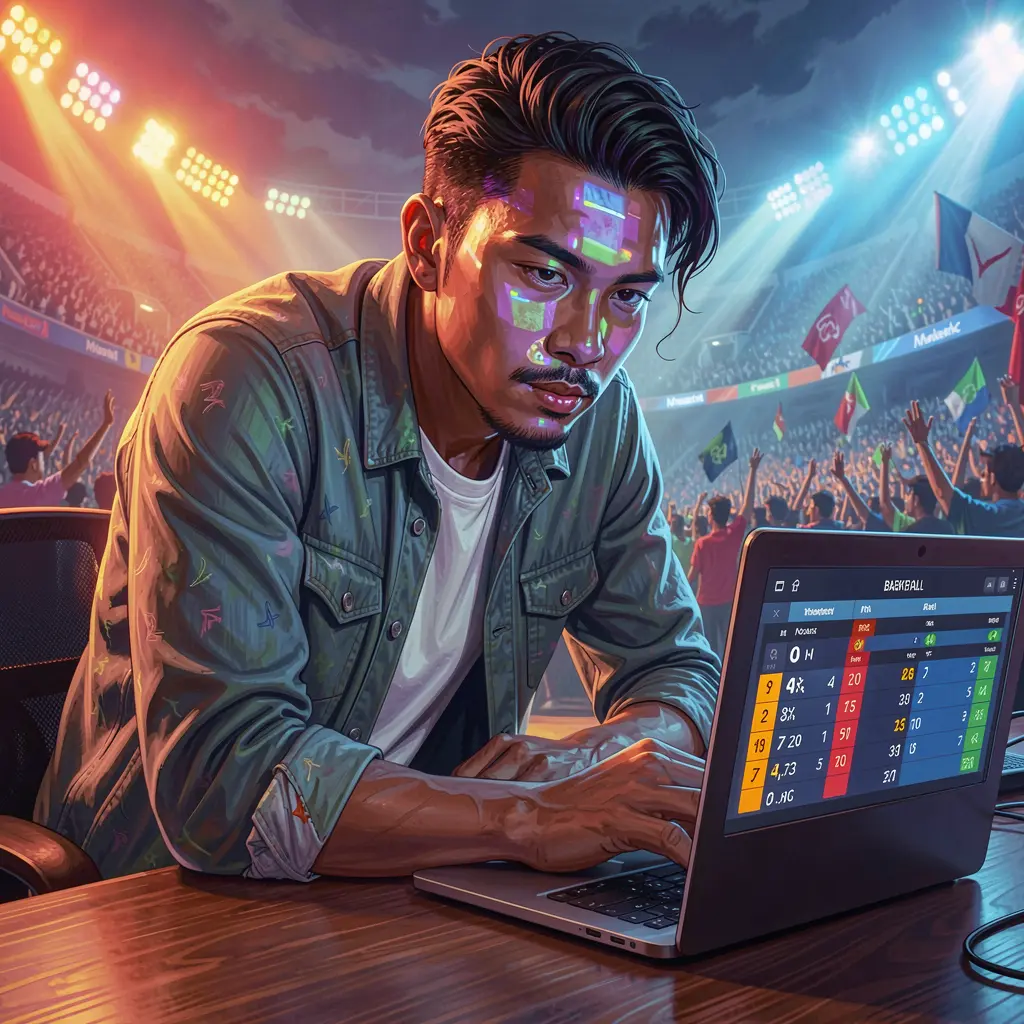 Confident Filipino sports bettor analyzing live basketball odds on a laptop with vibrant stadium lighting using the AQJILLI betting platform