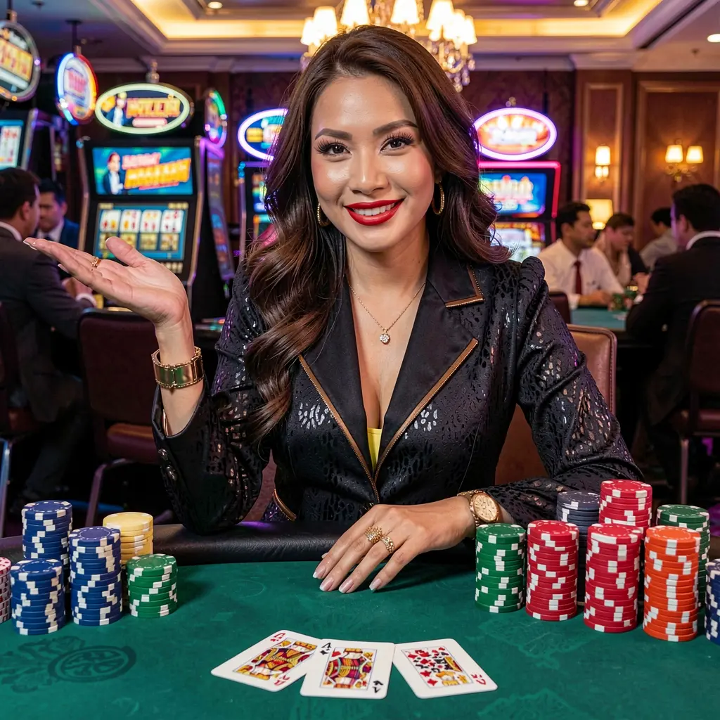 Stylish female casino dealer standing in a vibrant gaming hall with slot machines and live tables behind her showcasing the premium AQJILLI Casino experience for the Philippines