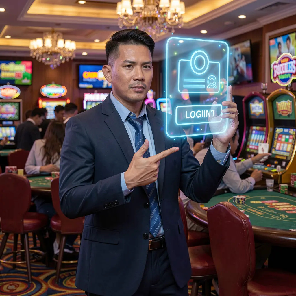 Confident Filipino casino dealer pointing toward a floating holographic login button in a vibrant AQJILLI casino atmosphere