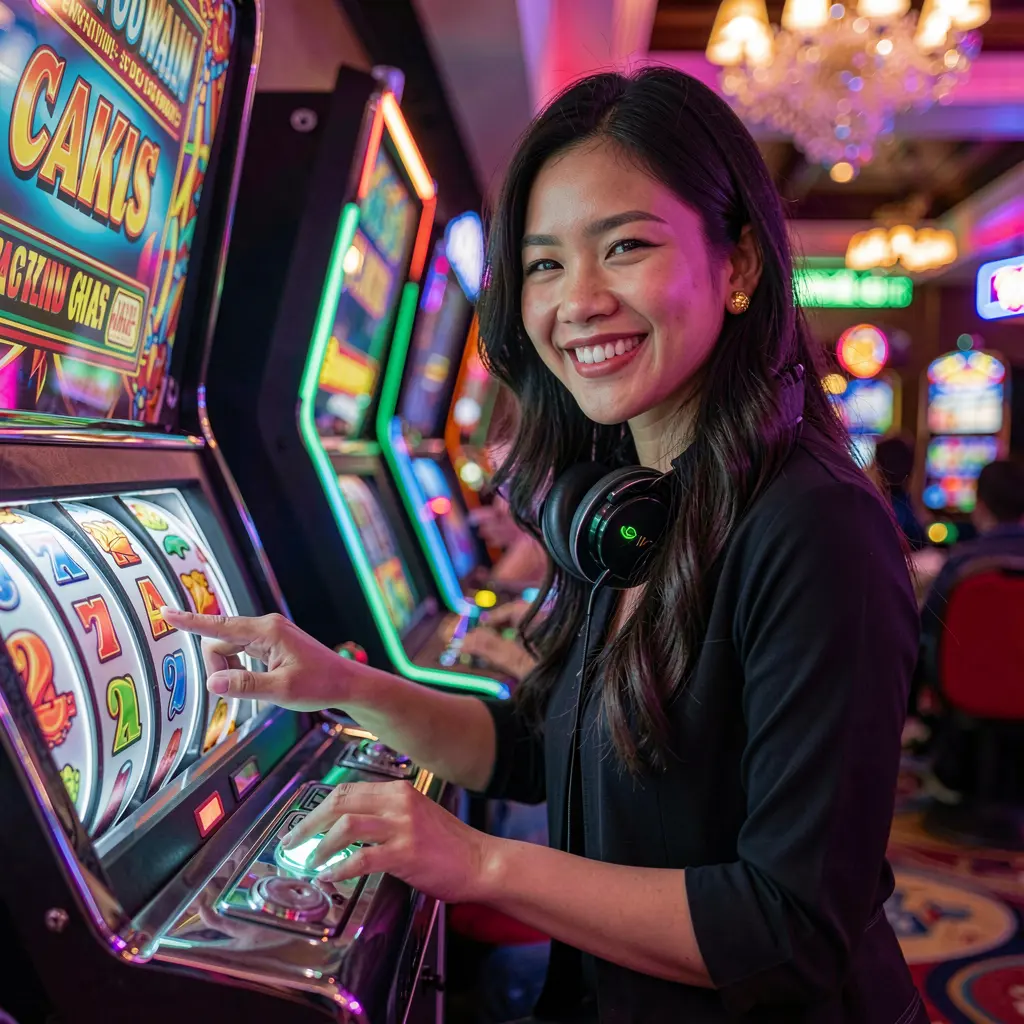 Close up of a joyful Filipino player pressing the spin button on a glowing slot machine at AQJILLI slots with vibrant reels and casino lights
